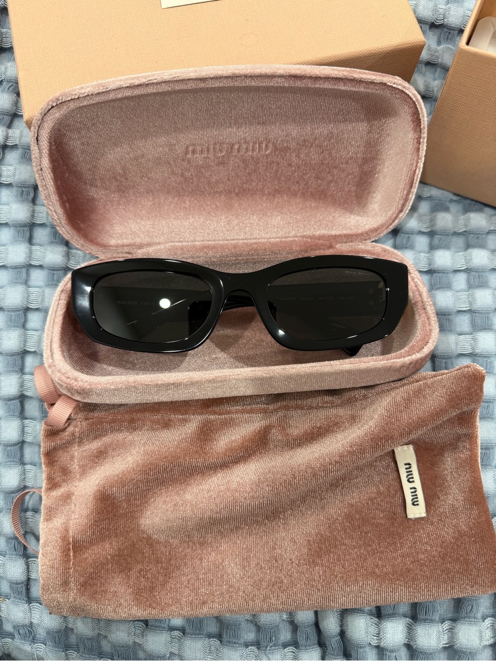 Miu Miu Black Rectangular Sunglasses with Pink Velvet Case